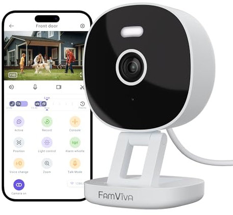 FAMVIVA 2K Security Camera Wired, Outdoor/Indoor for Home, Pet, Baby, Nanny, IP65 Waterproof Color Night Vision, White Light & Siren, Recording, Motion Detection, Works with Alexa, 2.4GHz WiFi, White
