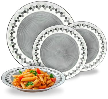 Avilia Piatti – Set Piatti Moderni 18 Pezzi in Porcellana con Decoro Kalos Grigio, Servizio Elegante per 6 Persone