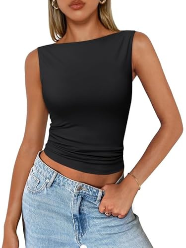 Sukiglam Camiseta sin Mangas para Mujer Crop Top con Cuello Barco Sexy Y2K Ajustada Tops Elegante Blusas Slim Fit Camisetas de Verano Casual Chalecos Basica Estiramiento Camisolas Shirt Streetwear