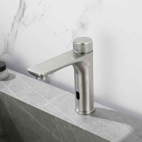 Infrared Sensor Faucet Stainless Steel Automatic Touchless Sink Tap Hot Cold Water Mixer Temperature Control Handwheel Anti Slip for Bathroom(Silver)