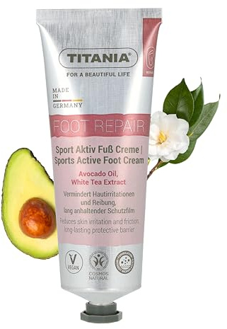 TITANIA Crema sportiva attiva per i piedi nutriente e protettiva per l'attrito. Crema protettiva senza sebo di cervo con olio di avocado e tè bianco, vegano, 100% cosmetici naturali, ricetta senza