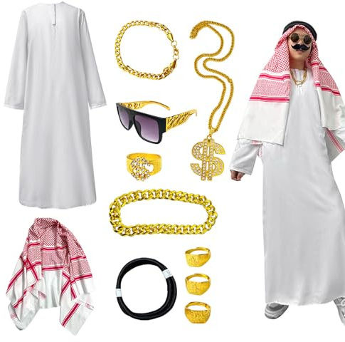 Liqzirtu Arabisk Sheikh Kostym - Shemagh Kefiyeh Scarf, Traditionell Saudiarabisk Prince Klänning | Fest Kulturell Klänning Fest Carnival Cosplay Fin Vävning Halloween