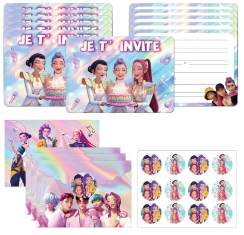 Rimtpuz Lot de 12 Cartes d’Invitation Anniversaire Fille – Design Pop-Star/Idol Pastel Pailleté, avec enveloppes et autocollants, style Concert pour fête Danse & Musique