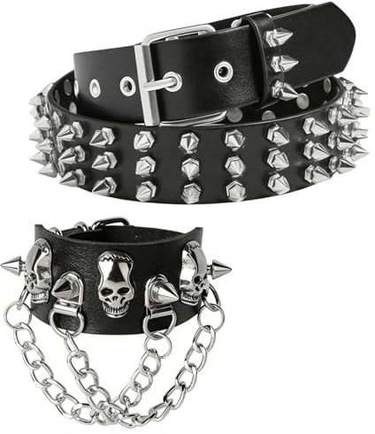 MHYMX Punk Accessoires, 2-Teiliges Set Nietengürtel Nietenarmband Einstellbar Y2k Gürtel Studded Bracelet Damen und Herren Goth Accessories für Biker Stil Rock Party