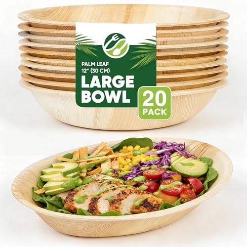 Disposable Palm Leaf Bowls – Pack of 20, 12 (30cm) Large Oval Compostable for Salad, Eco-Friendly, Biodegradable, Heavy-Duty, Microwave & Oven Safe – for Weddings & Parties