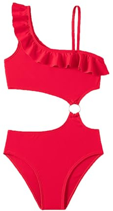 Bañador Niña de un Solo Hombro Bañadores Traje Baño con Volante Trikini Secado Rápido Moda Sexy Bikini Una Pieza Sólida Rojo Anillo Ropa Playa para Niñas Pequeños Piscina Infantil n1