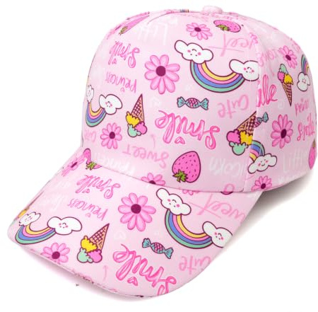Chamqueen Baseball Cap for Toddler Girls Cute Kids Trucker Hat Pink Sun Hat | Printed Cartoon Design, Cute Snapback, Adjustable Hook and Loop, 20.5-21.3 Head Size, Lightweight, School, Travel