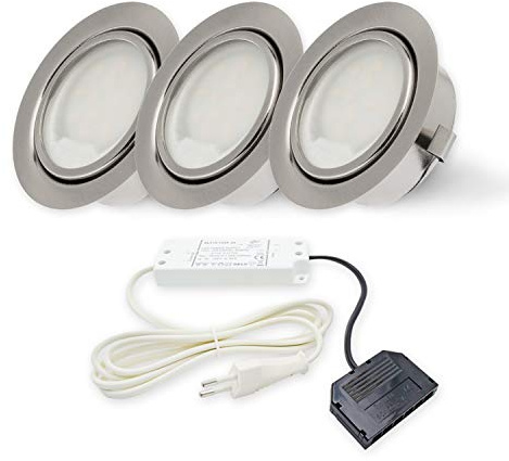 Rolux LED Möbeleinbauleuchte & Einbauleuchte flach 3er-Set inkl. Trafo – DF-9251B-2, 230V Anschluss, 3x 2,5W, warmweiß 3000K, Bohrloch 55–60mm, Einbaustrahler für Küche & Schrank, G4 wechselbar