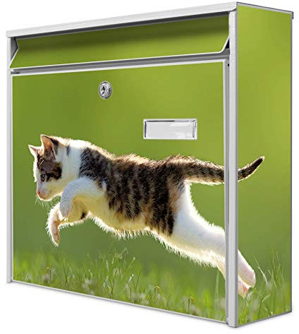 banjado® Burg-Wächter® Briefkasten mit Motiv Jagende Katze/Briefkasten ohne Zeitungsfach 32x36x10 cm groß/Briefkasten mit Namensschild A4 Einwurf inkl. Montagematerial & 2 Schlüsseln
