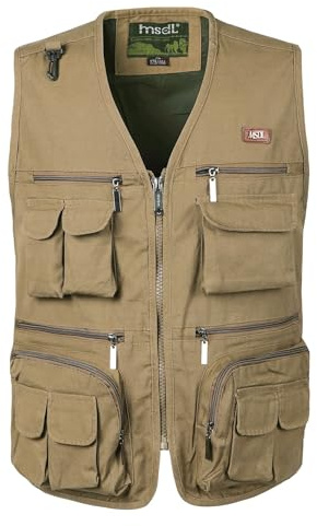 KTWOLEN Gilet da Pesca da Uomo Multitasche Giubbino da Lavoro con Zip Gilet da Caccia Fotografo Sport Giacca Senza Maniche, Cachi, XL