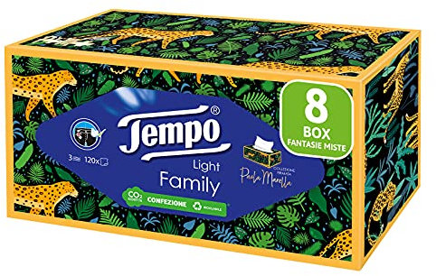 Tempo Box mit Taschentüchern, 8 Boxen x 120 Taschentücher, 3-lagig, biologisch abbaubar, Family Box Die Macht der Freundlichkeit