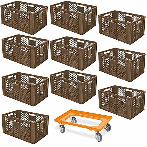 BRB 10er SPAR-Set Euro-Stapelbehälter PLUS Transportroller, 600x400x320 mm Industriequalität lebensmittelecht braun
