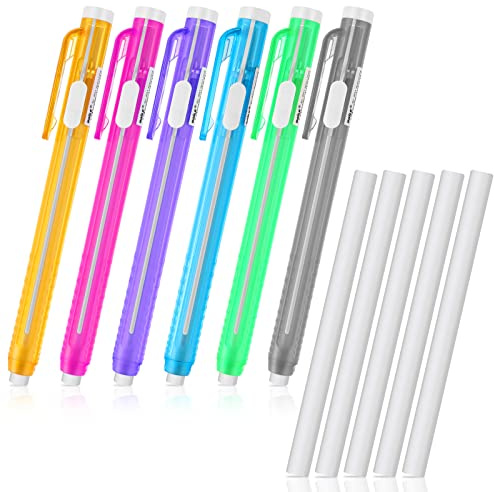 Molain 12 Pcs Erasers Pen-Style Set, Durable 6 Retractable Click Eraser Pen Shell + 6 Eraser, Good Cleaning Effect Erasers for Kids Students Artist Painting Writing, Home School Office Supplies