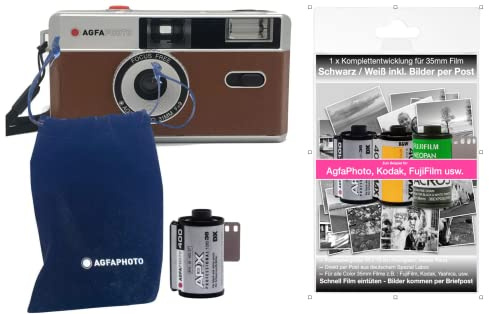 Agfa analog 35 mm liten bildfilm fotokamera brun + svart/vit bilder film + batteri + komplett utveckling film + bilder