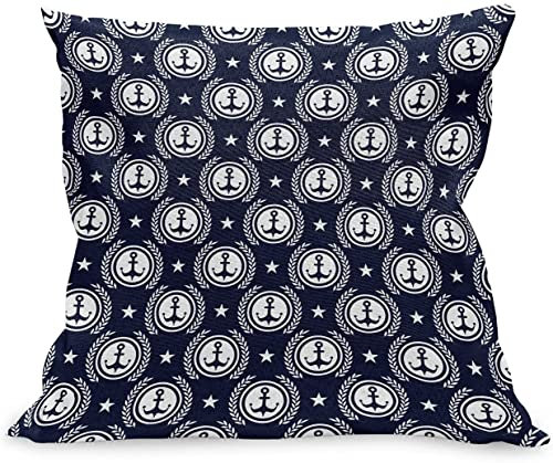 KEROTA Federa per cuscino con motivo nautico, motivo marittimo con ancora, motivo marino, con stelle ornamentali e illustrazione, decorazione quadrata, 45,7 x 45,7 cm, blu scuro bianco