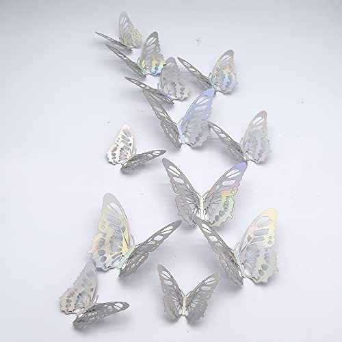 Pengcen 24 adesivi da parete con farfalle 3D in 3 misure, rimovibili, decorazione per camera da letto e matrimonio, motivo O (argento)