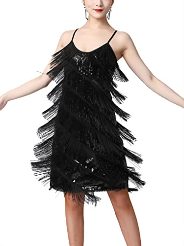 Freebily Abiti da Ballo Donna Senza Maniche Tango Latin Jazz Paillettes Nappa Abito Vestito Vestiti da Latino Americano Frange Lustrino Vestiti da Rumba Salsa Samba Nero S