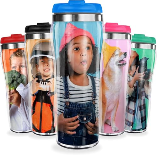 Pixly® Personalised Custom Photo Thermal Travel Mug - 400ml/14oz Capacity - Stainless Steel Coffee Tea Flask with Picture - Black, Red, Blue, Pink (Blue)