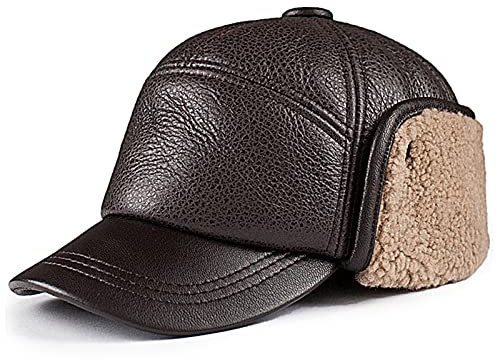 JIARY Leder Wintermützemit Ohrenklappen,Unisex Warme Schneedichte Fliegermütze,Schlittschuhlaufen und andere Outdoor-Aktivitäten,Braun,XXL (59~60cm)