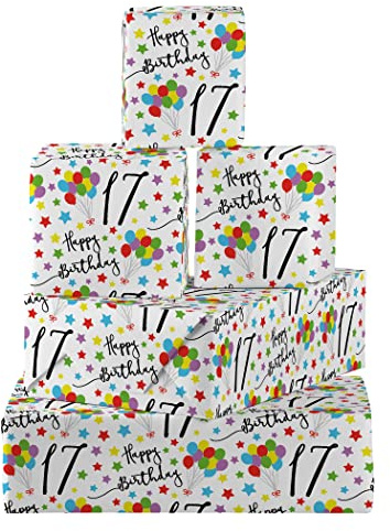 Hunts England - 5 hojas de papel de regalo divertido para cumpleaños de 17 años para niño/niña - Incluye 5 etiquetas de regalo - Papel de regalo plegado de 17 años para él/ella - Colección icónica -