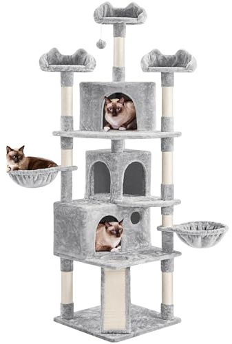Yaheetech Albero Tiragraffi per Gatti Altezza 194 cm in Truciolato e Corda in Sisal con 3 Casette Rampa e Ceste Multilivello Grigio Chiaro