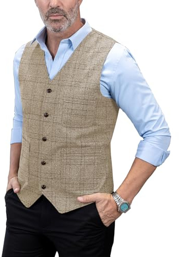 Solove-Suit herr elegant kostym väst rutig pläd smal passform ull tweed väst för bröllop, champagne, XL