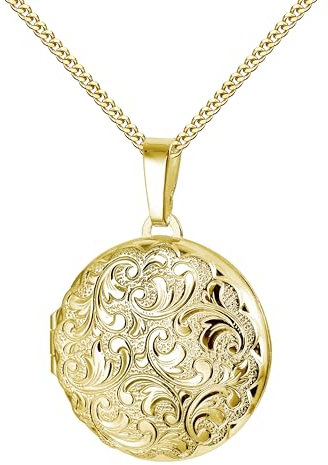 JEVELION Schmuckset-Medaillon 333 Gold runder Amulett Anhänger für 2 Bilder zum Öffnen mit Schmuck-Etui + Halskette Mit Panzer Kette 925 Silber vergoldet - Kettenlänge 36 cm.