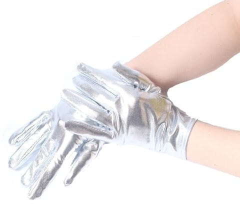 Yurosiay Kurz Metallic Handschuhe Glänzend Lackleder Handschuhe Mode Punk Handschuhe Tanzhandschuhe Glitzer Metallische Abendhandschuhe Opernhandschuhe für Party Cosplay Kostüm 23cm Silber