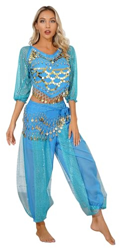 MSemis Damen Bauchtanz Kostüm Set Pailletten Tanzkleidung Indische Tanz Performance-Kleidung Halloween Karneval Tanzende Professionel Kostüm