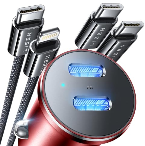 LISEN Roter 90W Autoladegerät USB C mit USB C Kabel & Lightning Kabel für iPhone 15, Dual USB C Port PD45W Autoladegerät Adapter Schnellladung Rote Autozubehör für iPhone 15 Pro Max