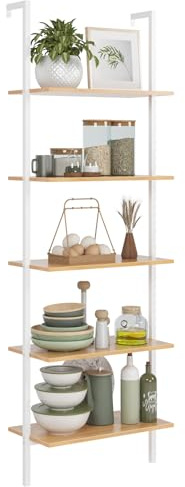SogesHome 5-Tier Industrial Wall-Mounted Ladder Shelf - Modern Bookshelf with Metal Frame for Organizing Plants, Flowers, and Books in Kitchen, Living Room, Bedroom, or Office