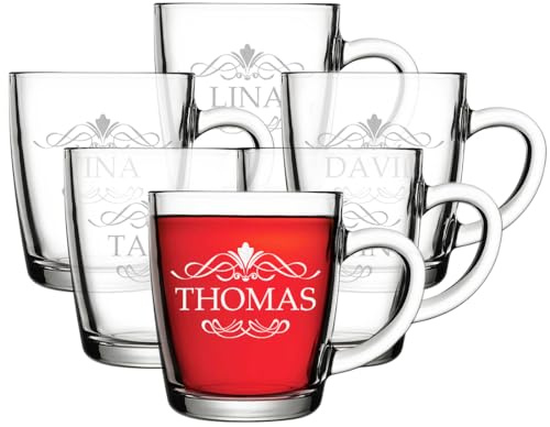 polar-effekt Glas Teebecher 340 ml 6 Stück mit personalisierter Gravur - hitzebeständige Teetassen mit Henkel - für warme und kalte Getränke - BPA-Frei