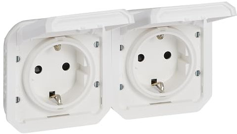 LEGRAND, Plexo New Einsatz, Feuchtraum-Steckdose, 2-fach, Schuko-Stand., inkl. Klappdeckel, Berührungsschutz, vorverdrahtet, horizontal, IP44 - IK08 (IP55 bei geschlossenem Deckel), UltraWeiß, 069875L