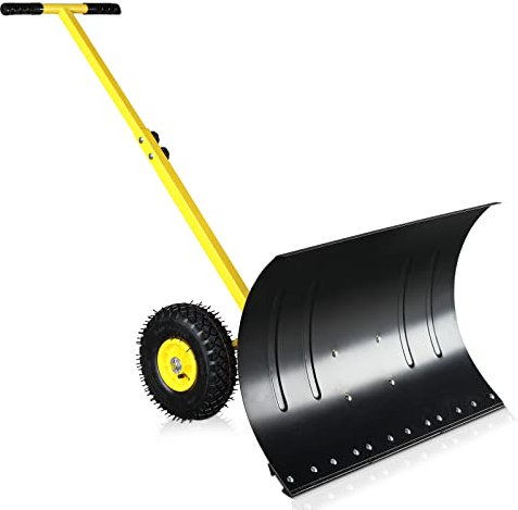 Pala quitanieves con ruedas, 29 de ancho y 18 de largo, ángulo y altura ajustables, mango acolchado, herramienta eficiente para limpiar nieve en entradas de vehículos o pavimento, color amarillo