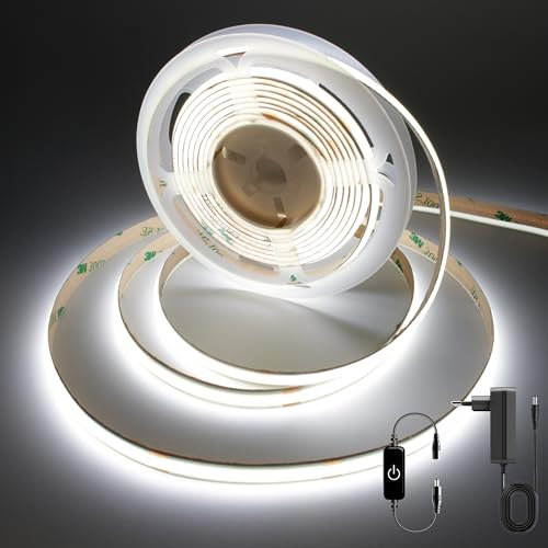 FUIQI Striscia LED COB 3 Metri, Bianco Freddo 6000K, 24V LED COB con Controllo Dimmerazione Tocco, CRI90+, 8mm Larghezza, con Alimentatore - Ideale per Cucina, Camera da Letto e Sfondo Televisivo