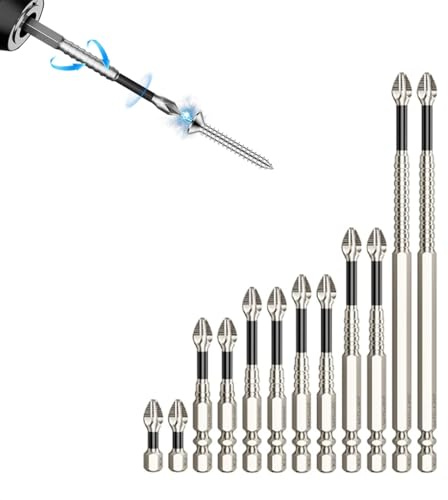 Magnetic Drill Bit Set 12-Piece, Cross Head Screwdriver Bits 1–6 Inch, S2 Steel, 1/4 Hex Shank, Magnetic Screw Tips for Power Drills & Drivers(Silver)