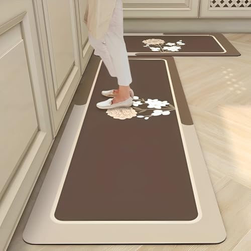 Highdi Tappeto Cucina in Diatomite, Passatoia Cucina Antiscivolo, Fiori Retrò Tappeti Runner Lavabile Assorbimento, Tappetino per Doccia per Ingresso Soggiorno Bagno Camera da Letto (Marrone,50x150cm)