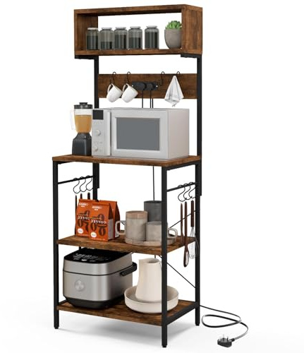 TANGZON 5 Tier Baker’s Rack with Power Outlets, Metal Frame Microwave Stand with Top Shelf, 10 Hooks & Anti-tipping Device, Utility Kitchen Shelves Organiser Coffee Bar Stand for Spices Pots Pans