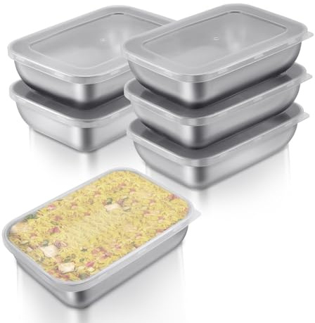 JIVIMOCO 6 Pcs 1100ml Stainless Steel Food Containers with Lids, Stainless Steel Food Storage Containers Meal Prep Containers Reusable for Lunch Leftovers Freezer Safe