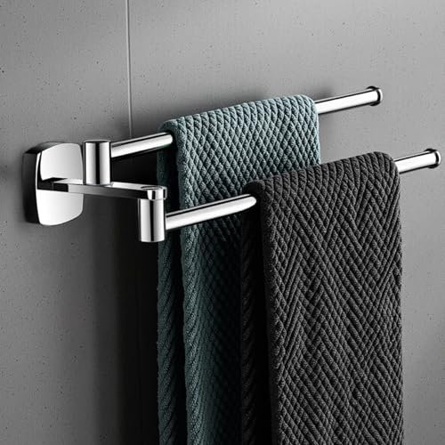 Handtuchhalter Edelstahl, 180° Schwenkbar 2 Armig Handtuchstange Wand Silber Habdtuchhalterung Badetuchhalter Handtuchhalter für Bad und Küche, Bohrloch-Doppelfunktion ohne Nägel