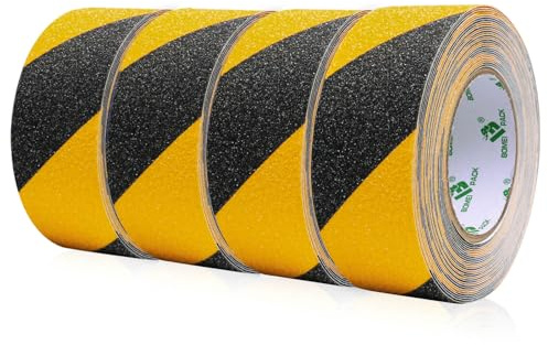 BOMEI PACK 4 Rollen von 5cmx10m Grip Tape | Antirutsch Klebeband |Bodenbelag innen- und Außenbereich |Hohe Traktion Pad | Rutschfeste Traktionsstreifen | Schwarz-gelb