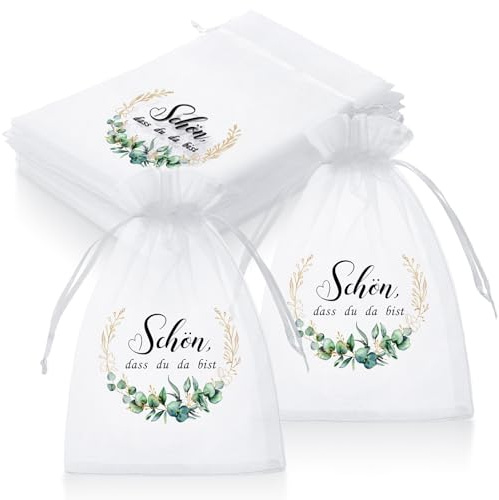 Hestya 30 Stk Schön dass du da bist Gastgeschenke Organzabeutel zu Hochzeit | Organzasäckchen für Firmung, Mitgebsel Geschenktasche, Schokolade Kekse Geschenktüte, für Taufe Geburtstag
