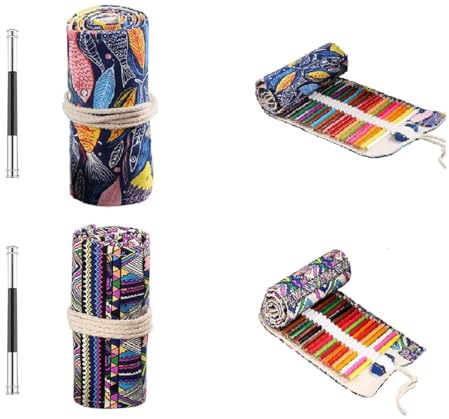 2 Stücke 36 Löcher Stifterolle Rollmäppchen Verpackungshalter Bleistift Wrap, Stiftrolle Stiftemappe Wrap Leinwand Rolle Mäppchen, Bleistift-Organizer Aufbewahrungstasche Buntstift-Rolltasche