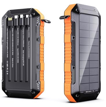 Cargador Solar 20000mAh con 4 Cables Integrados y 3 Puertos USB, Bateria portatil Solar Agua IP67, Carga Rápida QC 3.0, Powerbank Solar para Camping, Senderismo y Viajes