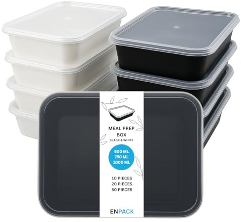 Enpack Aufbewahrungsbox mit Deckel weiß/schwarz 500ml - Mikrowellenfeste Aufschnittboxen - Vorratsdosen mit Deckel luftdicht optimal als Kühlschrank organizer, meal prep box (20, Schwarz, 500 ml)