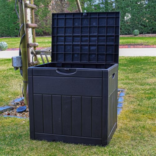 BPS Deluxe 126L Outdoor Storage Box | Small Garden Furniture Storage Box | Black Wood Panel Effect | Fade Free | All Weather Resistant | Safe and Secure | Zero Maintenance | Balcony