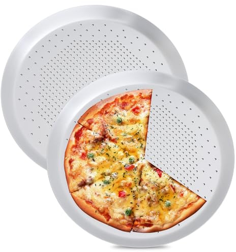 BORDEAG Moules A Pizza Ronds Perforés,Lot De 2 29CM Plaque Pizza Ronde,Plaques A Pizza Rondes Revêtues,Plaques De Cuisson Pizza Rondes Pour Pizza,Four,Cuisine,Tourte,Cuisson De Pizza Professionnelle
