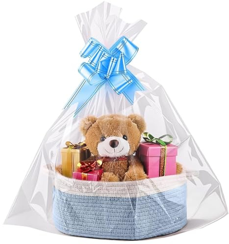 VIDSTW Präsentkorb Leer Incluye Bolsa Embalaje y Cinta Cesta para Regalo Hecho de Algodón Cesta de Regalo Vacía Con Asas Cajitas Organizadoras para Pascua Baby Showers Navidad（Azul Blanco） | Cesta de regalo vacía grande de algodón para regalos con asas, cesta de regalo para Pascua, baby shower, Navidad