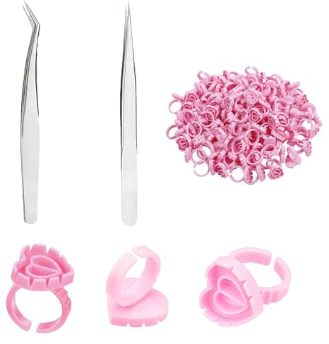 Lot de 100 pots de colle à cils en forme de fleur avec 2 pinces à épiler – Supports adhésifs jetables pour extensions de cils – Plateaux de pigments à fleur rapide pour outils de beauté professionnels