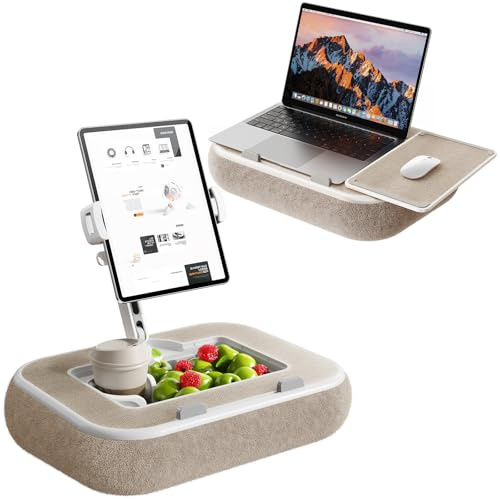 NIFBANG Tablet Kindle Pillow Stand & Laptop Stands,360° Rotating Adjustable iPad Phone Holder with Snack Bowl,Laptop Lap Desk Tablet Cushion Reading(Beige)